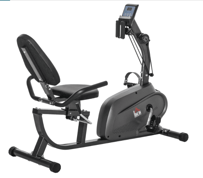Vélo d'appartement semi-allongé HOMCOM noir avec dossier ergonomique, écran LCD et bandes de résistance pour entraînement complet à domicile.