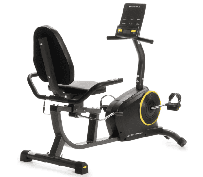 SportPlus | Modèle 2022 | Vélo d'appartement allongé avec compatibilité App, 24 niveaux & 6 programmes d'entraînement, avec écran & support pour tablette, max. 110 kg