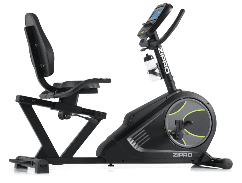 Vélo d'appartement semi-allongé ZIPRO Glow WM en position d'utilisation, avec assise ergonomique, écran LCD, pédales avec sangles et design pastel moderne.